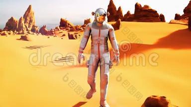 火星上的宇航员在探索行星后返回他的火星漫游者。 殖民的未来概念